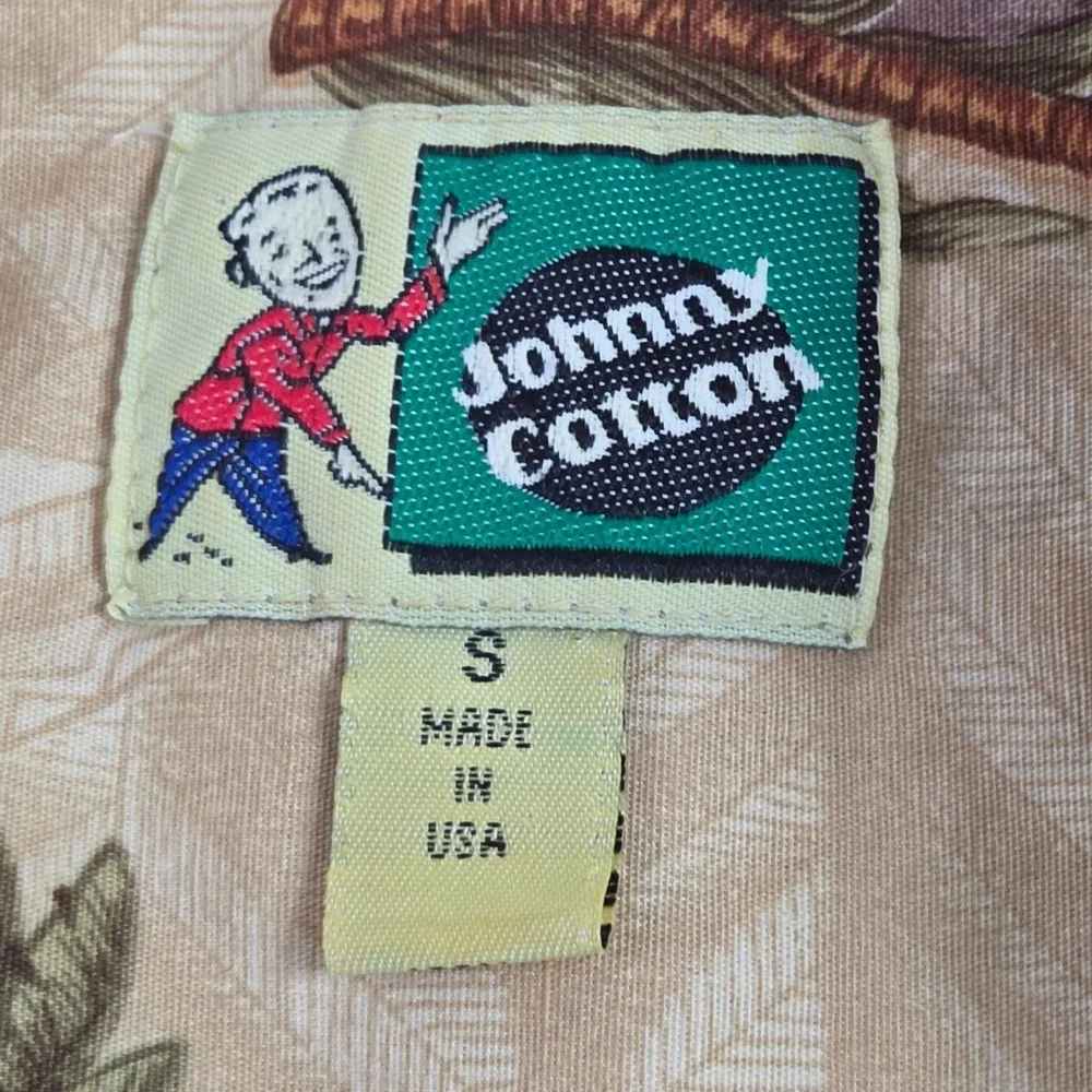 Vintage Johnny Cotton Button Up Shirt Small Tan Military Plane Hawaiian Made USA